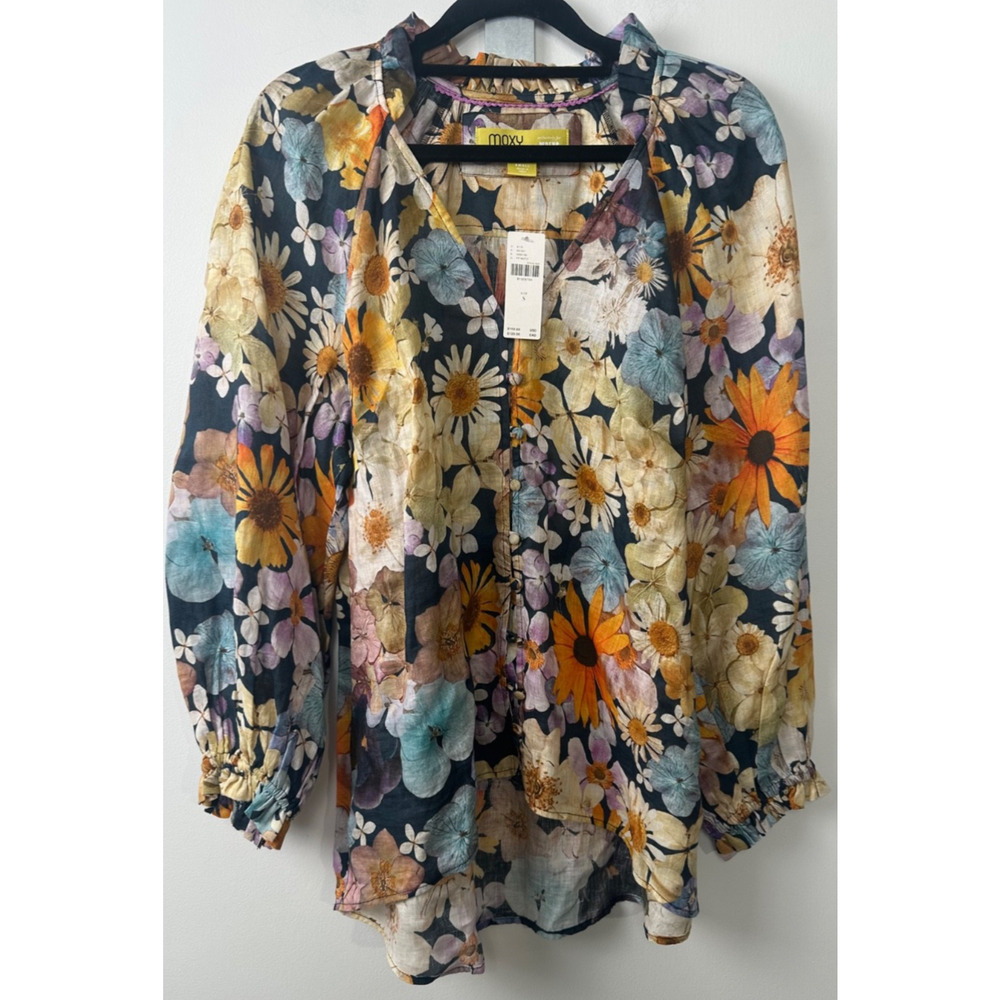 NEW Moxy Anthropologie Maeve Blouse Women S Floral Linen Peasant Ruffle $110 A16 - Picture 2 of 6